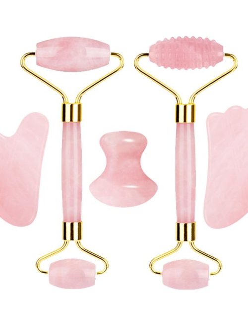 Okei Natural Rose Quartz Gua Sha Roller Set