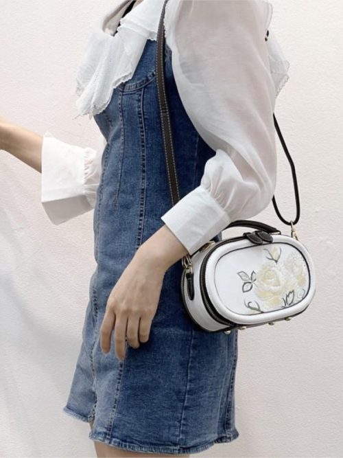 Samah Embroidery Leather Shoulder Bag – White