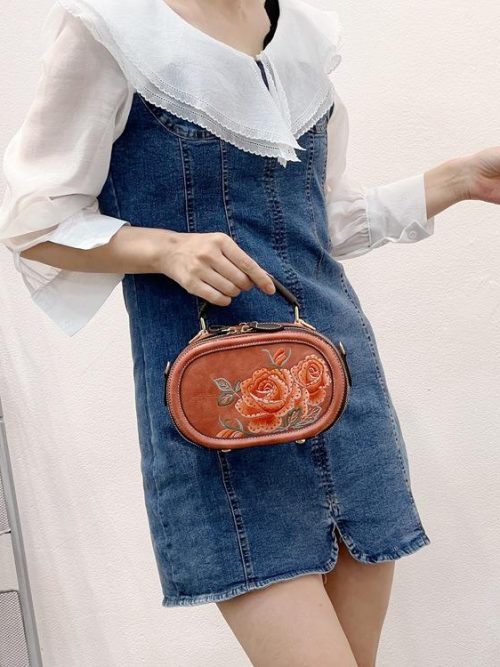 Samah Embroidery Leather Shoulder Bag – Tan