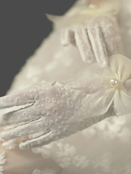 Silvia Pearl Bow Lace Gloves – Ivory