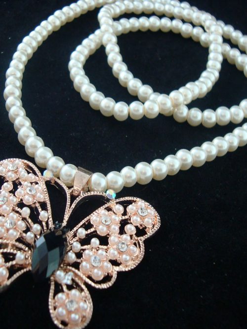Bulaa Butterfly Pearl Black Rhinestone Necklace