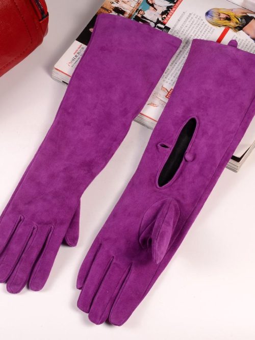 Greta Suede Sheepskin Leather Long Gloves – Purple