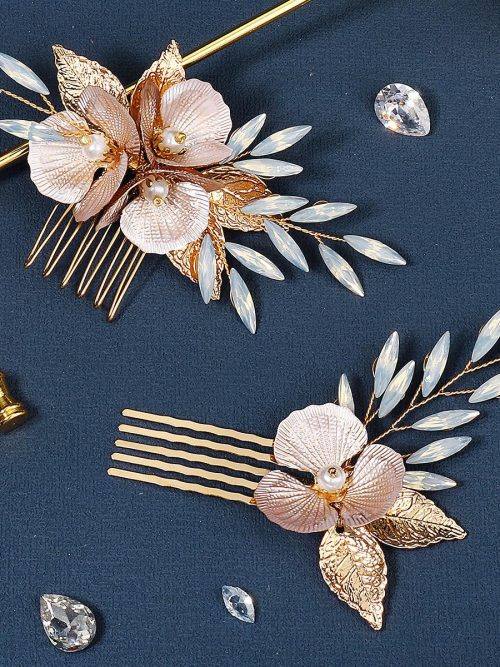 Freya Gold Leaf Opal Pearl Hair Comb Pair