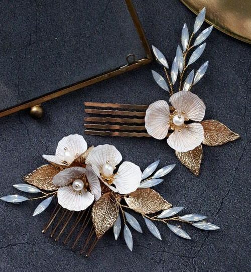 Freya Gold Leaf Opal Pearl Hair Comb Pair