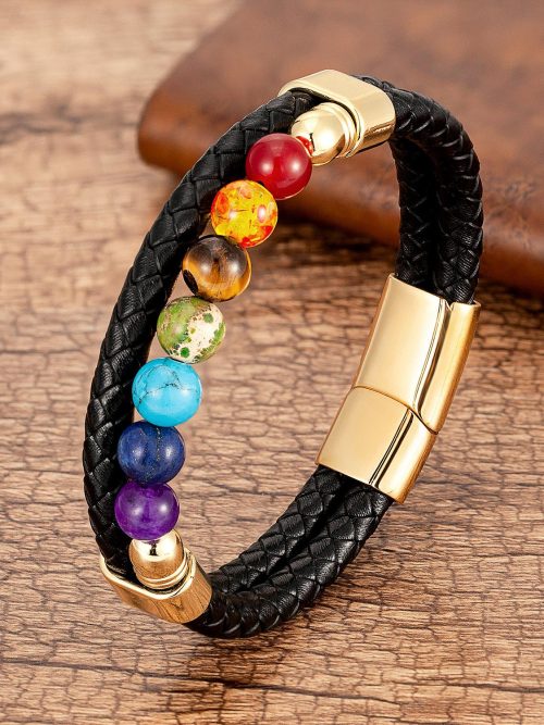 Lamar Woven Leather Chakra Bead Bracelet