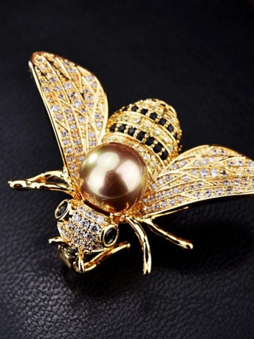 Fabia Faux Pearl Black Crystal Bee Brooch