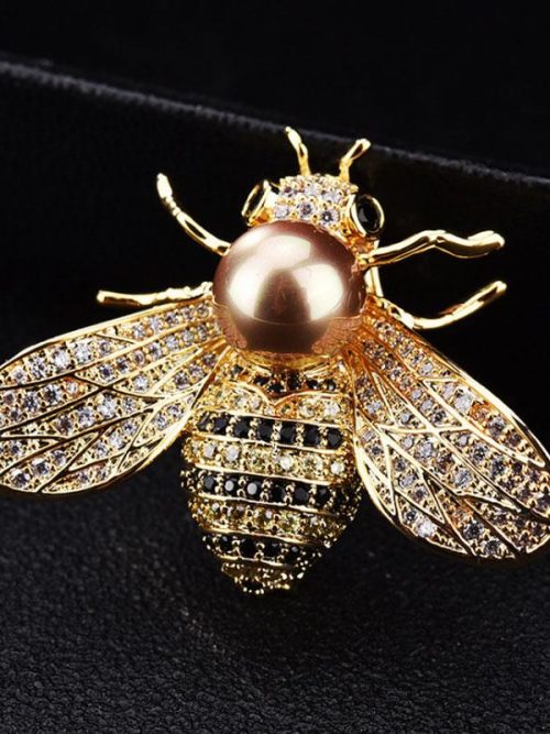 Fabia Faux Pearl Black Crystal Bee Brooch