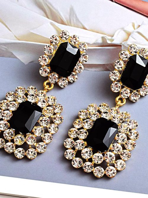 Amee Black Gem Crystal Long Drop Earrings