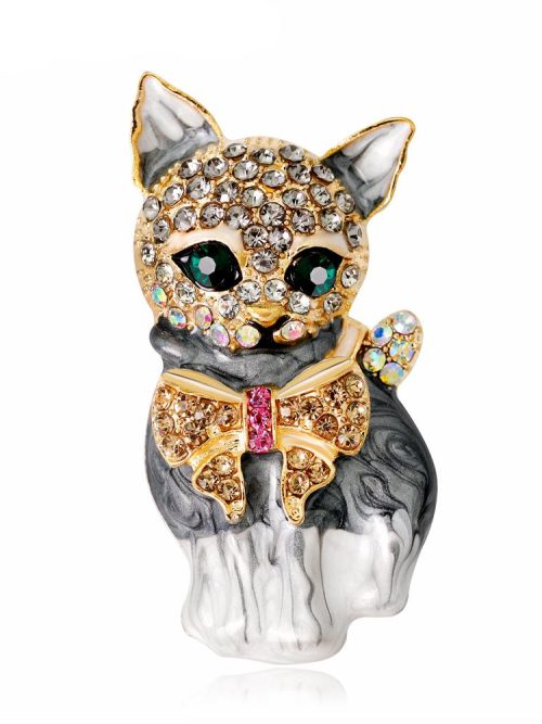 Georgie Cat Pink Crystal Bow Brooch