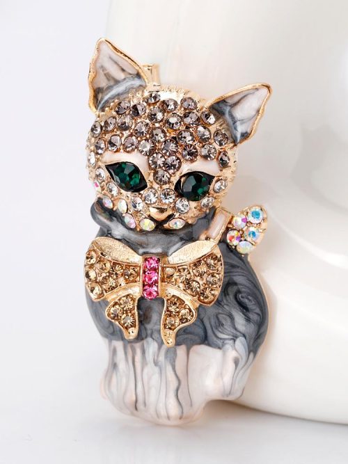 Georgie Cat Pink Crystal Bow Brooch