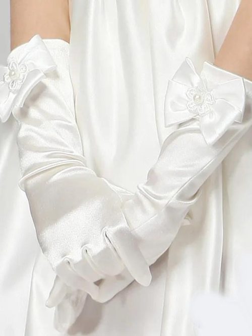 Alice Satin Bow Long Etiquette Gloves – Ivory