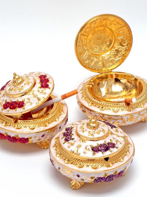 Dalia Vintage Floral Gold Trim Metal Ashtray