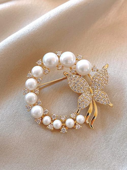Fascha Faux Pearl Crystal Butterfly Brooch
