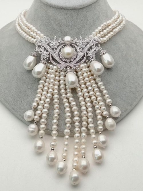 Ashaya Tribal Triple Pearl Crystal Pendant Necklace