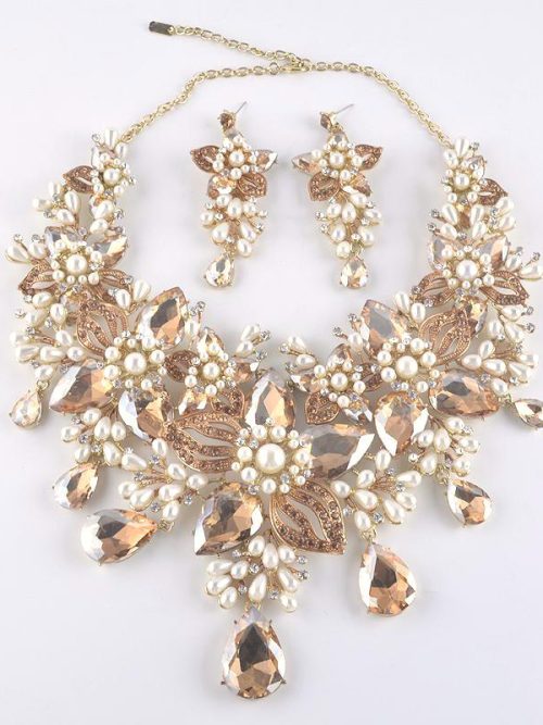 Brea Floral Rhinestone Necklace and Earrings Set