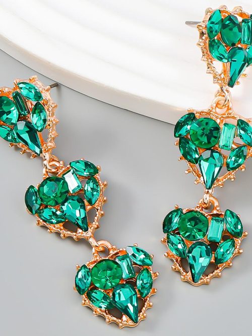 Kavana Heart Rhinestone Pendant Drop Earrings – Green