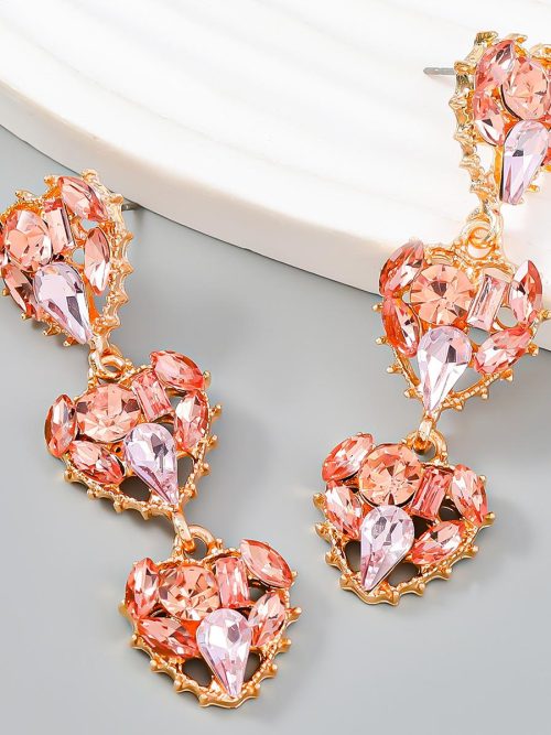 Kavana Heart Rhinestone Pendant Drop Earrings – Pink