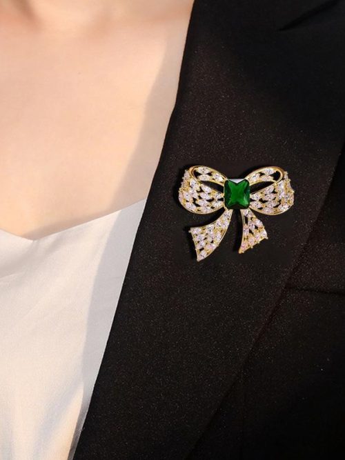 Greta Bow Green Rhinestone Brooch