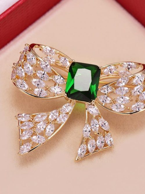Greta Bow Green Rhinestone Brooch