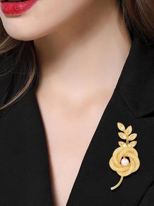 Mygen Pearl Flower Crystal Leaf Brooch