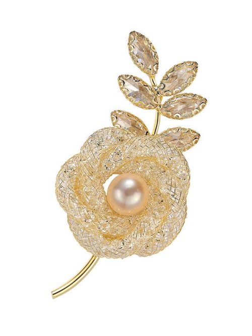 Mygen Pearl Flower Crystal Leaf Brooch