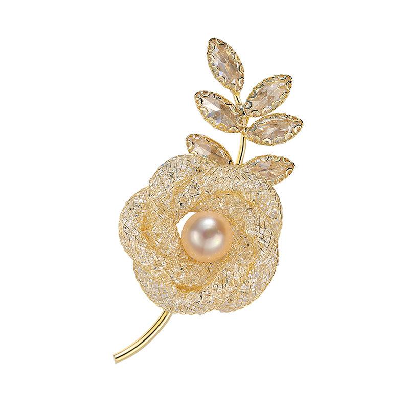 Mygen Pearl Flower Crystal Leaf Brooch
