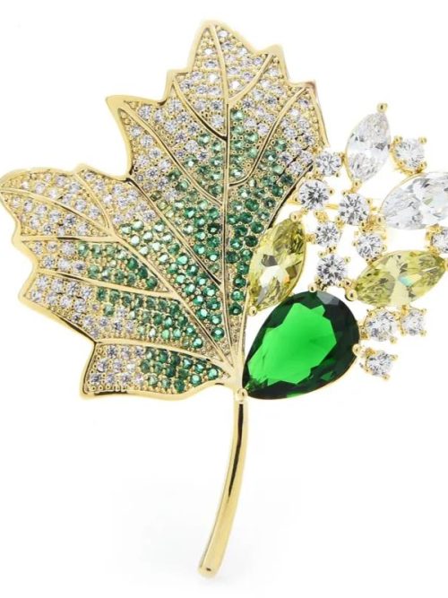 Gillette Green Rhinestone Leaf Brooch