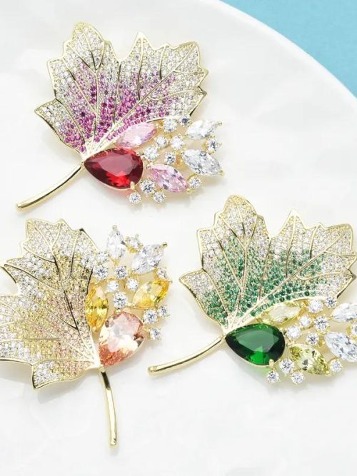 Gillette Fuchsia Rhinestone Leaf Brooch
