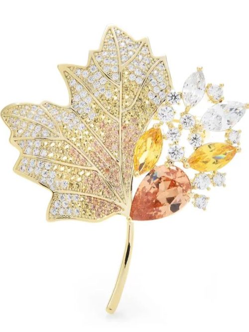 Gillette Orange Rhinestone Leaf Brooch