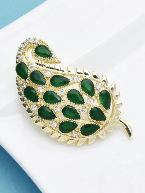 Ornama Emerald Rhinestone Leaf Brooch