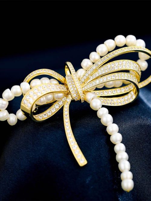 Monae Pearl Crystal Bow Gold Brooch