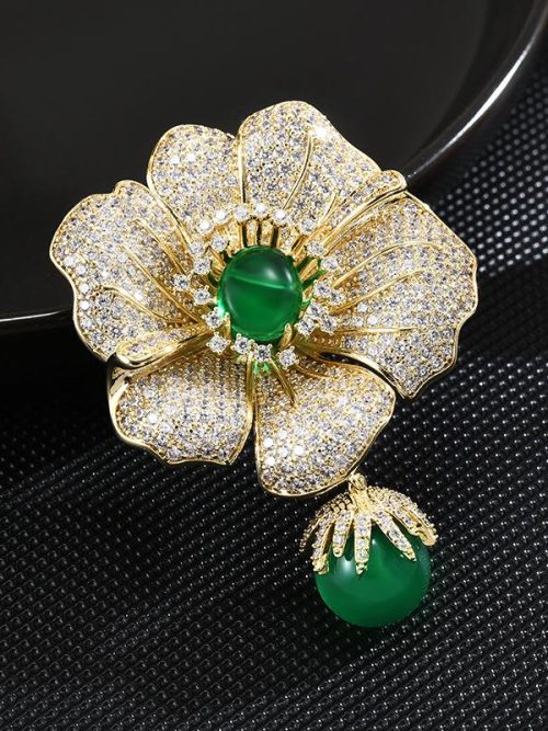 Jade Crystal Flower Corsage Brooch