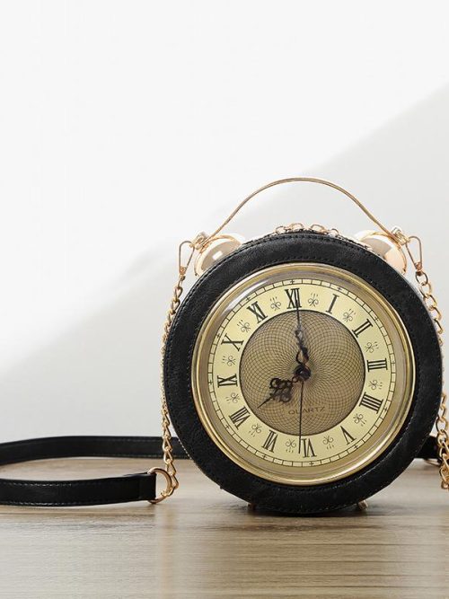 Madison Clock Leather Shoulder Bag – Black