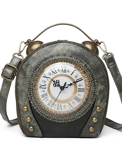 Tenna Retro Clock Leather Shoulder Bag – Black