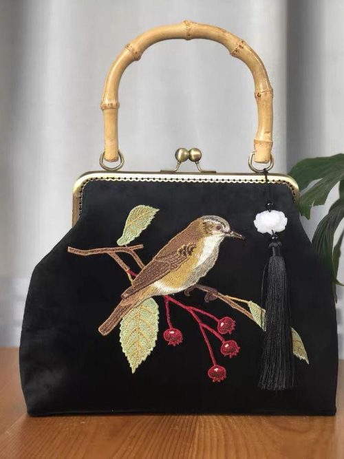 Emile Bird Embroidered Tassel Handbag