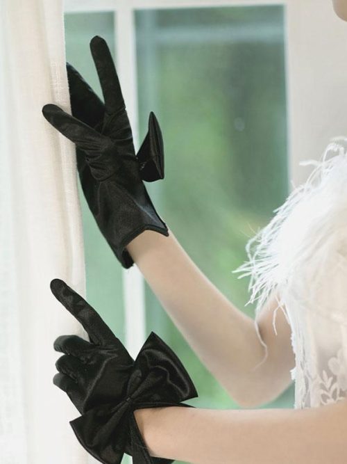 Sheena Bow Satin Gloves – Black