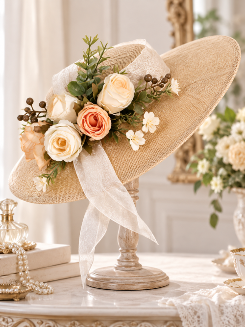 Ivory Rose Corsage Straw Sun Hat