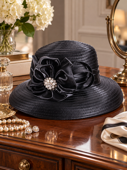 Lillian Satin Flower Derby Hat – Black
