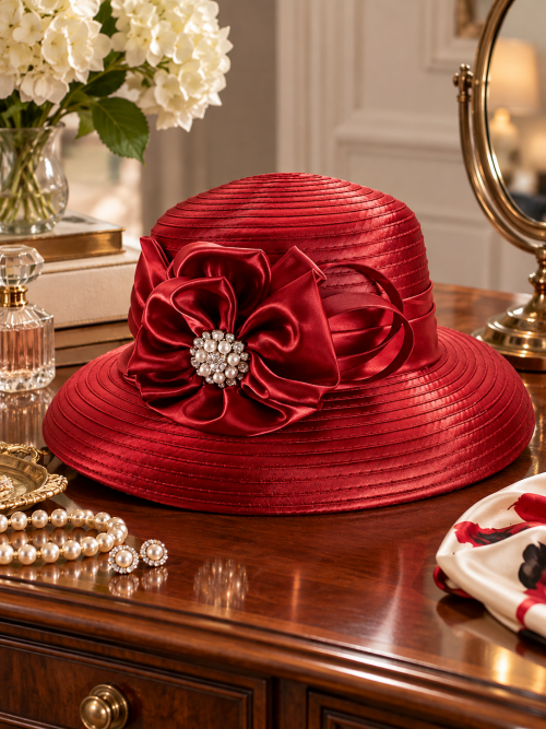 Lillian Satin Flower Derby Hat – Red