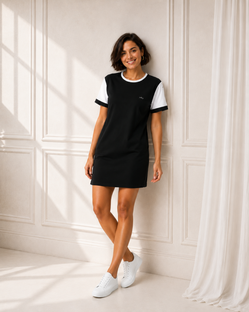 Marcèdes T-Shirt Dress - Black model front with background
