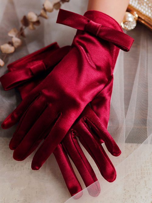Naaia Bow Satin Gloves – Wine Red