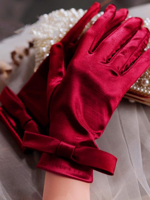 Naaia Bow Satin Gloves – Wine Red