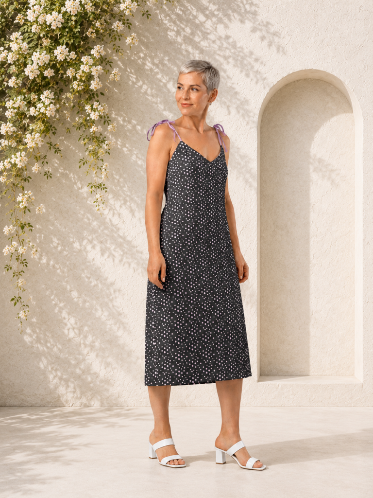 Polka Dot Print Dress model front with backdrop