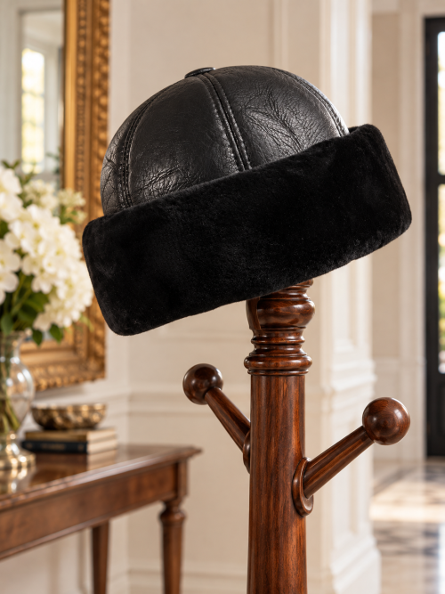 Theodore Fleece Leather Winter Hat – Black