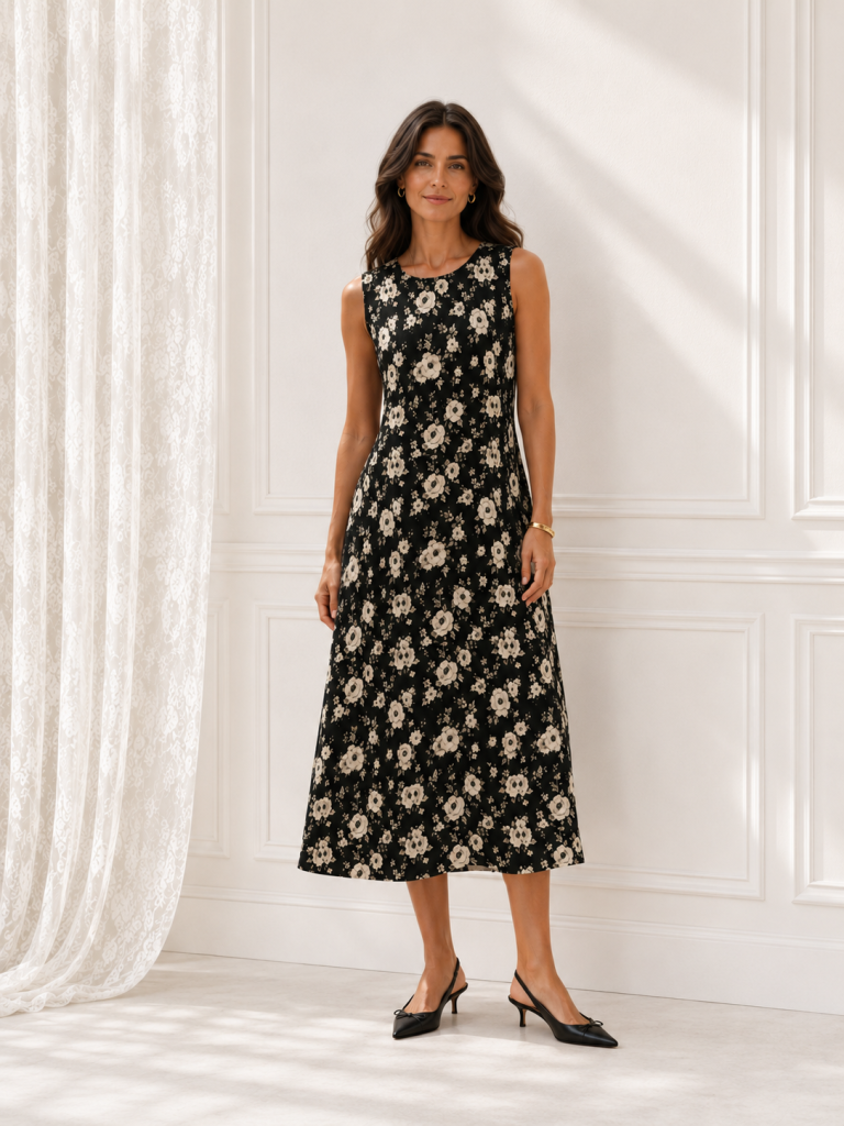 black and white floral long summer dress model front
