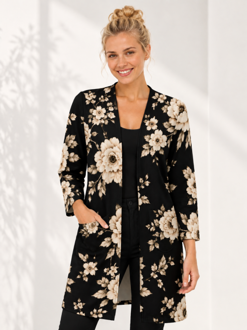 Elena Floral Mid-Length Jacket – Black