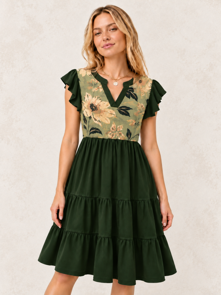 black green floral ruffle dress model front