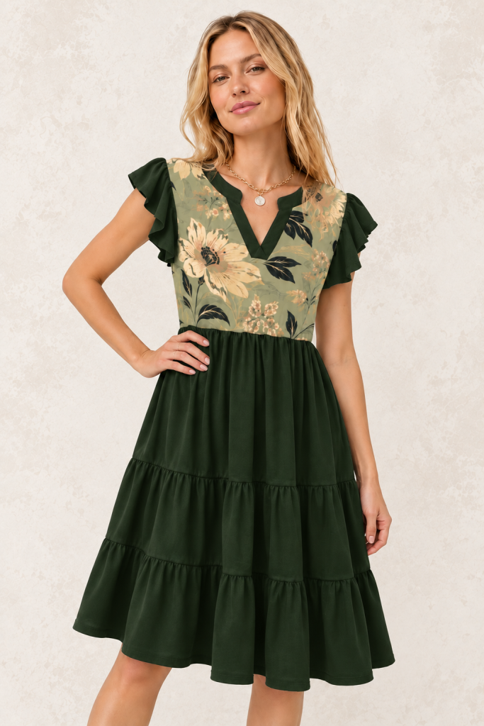 black green floral ruffle dress model front