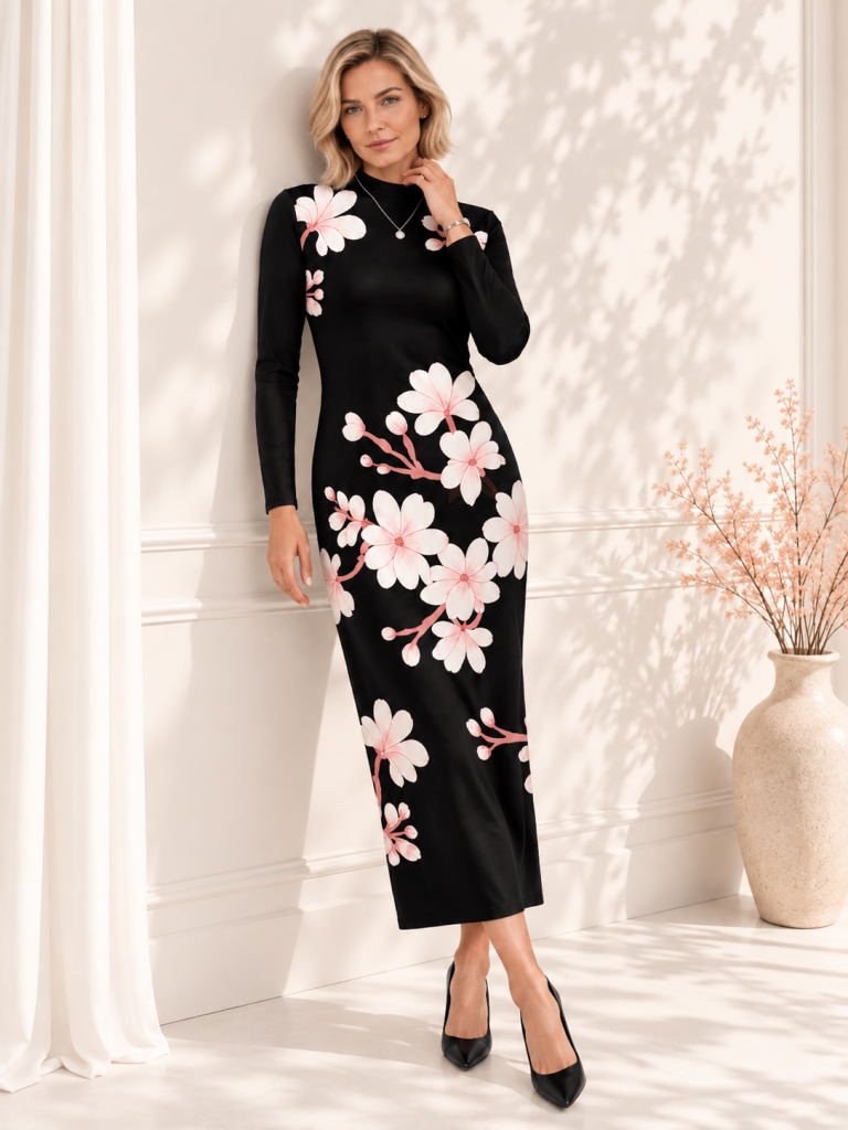 black light pink floral long dress model front