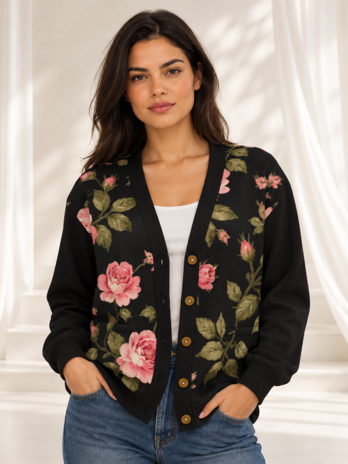 black pink floral cardigan model front